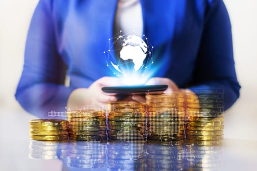 Double exposure online banking and internet banking and people networking account banking finance concept, Business women with laptop, phone, cellphone, tablet, smartphone mobile, and coin money on business office table