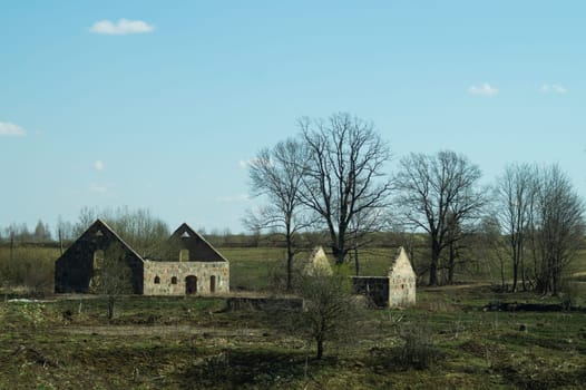Old abandoned building in the forest. ruined cowshed. rural landscape