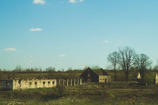 Old abandoned building in the forest. ruined cowshed. rural landscape