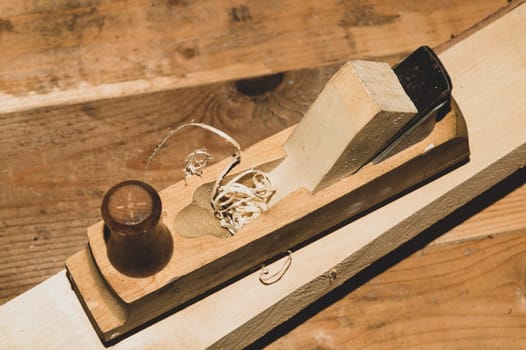 Carpentry plane. jointer close up. woodworking and crafting tools. carpentry hand tools. working instrument
