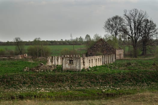 Old abandoned building in the forest. ruined cowshed. rural landscape