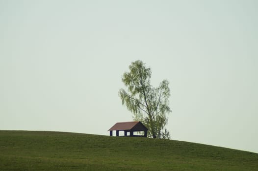 Lonely gazebo on the hill. summerhouse under tree standing alone in the field. solitude concept. shelter in the meadow