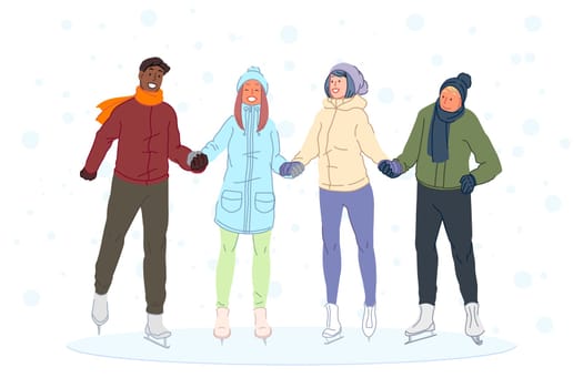 Iceskating with friends boys, girls winter entertainment, friendship concept. Smiling young people, teens on ice rink, man and woman learning to skate together, friendly support. Simple flat vector