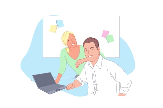 Business, partnership, teamwork concept. Young happy businessman and businesswoman, clerks together developing a new project or startup. Guy and girl workers in office cooperate. Simple flat vector