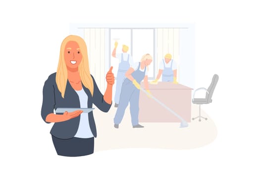 Business, management, cleaning company, advertising concept. Young busy people man, woman workers clean the office by order of a businesswoman. Joyful lady Manager takes new order. Simple flat vector