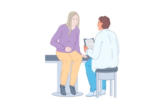 Doctor work, patient examination, medical practice, therapy concept. Medical adviser and sick woman in consulting room, ill human inspection, treatment prescribing. Simple flat vector