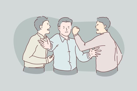 Quarrel, fight, showdown, hatred, conflict concept. Young angry people man businessman swear because of competition. Disgruntled clerks are furious, leader stops conflict in office. Flat simple vector