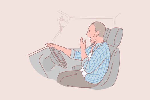 Sleepy, drunk, tired, truck driver concept. Young tortured man labourer stopped to sleep. Drunk guy got behind the wheel against rules. Beginning of working day. Browsing trucker. Flat simple vector.