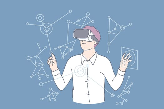 VR, AI, Business, New technology concept. Young smart man businessman uses virtual reality in work. Modern perspective guy clerk is engaged in project. Development of digital devices. Flat vector.