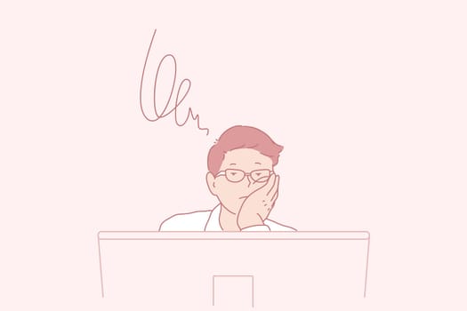 Brainstorming, thoughts, task, business concept. Young busy man, businessman worries about a new job, project. Unhappy, tired clerk guy trying to solve problems at work. Exam. Flat simple vector