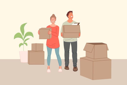 Young family, rearrangement, moving to new house, cohabitation concept. Happy, joyful girl, boy in love together move into a new apartment. Smiling couple man, woman couple delight. Simple flat vector