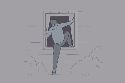 Offense, crime, theft, intruder, robbery concept. Young male burglar enters illegally into someone elses house through a window. Thief tries to steal valuables or money by burglary. Flat simple vector