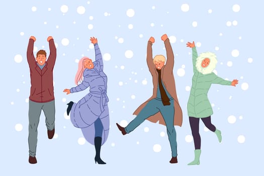 Outside walk with friends, winter entertainment, snowy weather recreation concept. Smiling people in warm clothes, rejoicing adults outdoor, winter relaxation, fun in snow. Simple flat vector
