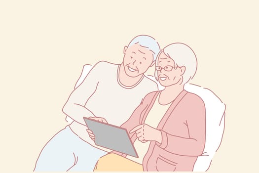 Family, pensioners, education, communication online concept. Elderly couple man, woman talking to children or grandchildren, use Internet. Couple of old people in love learn technology. Flat vector.