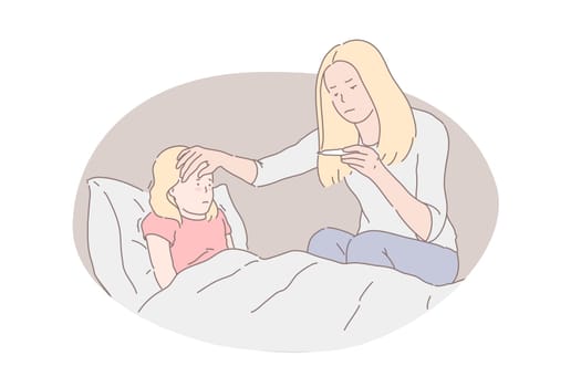 Childcare, motherhood, parental care concept. Concerned mother checking daughter temperature, cold symptom, worried young woman looking at thermometer and touching child forehead, Simple flat vector