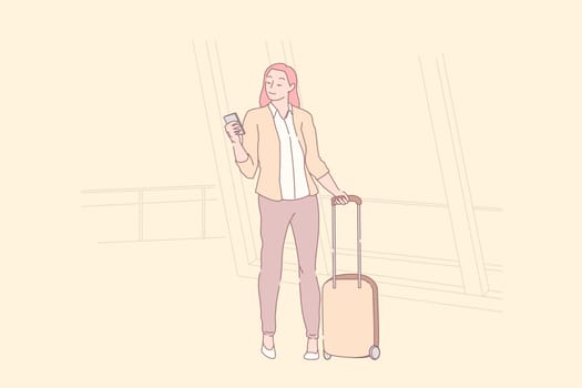 Holiday trip, tourism season, wanderlust concept. Young woman with suitcase holding smartphone, college student on vacation travel, female entrepreneur on business trip. Simple flat vector
