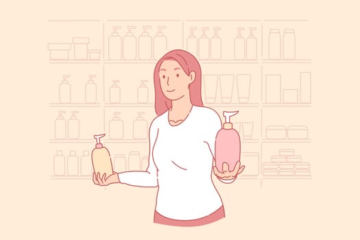 Shopping, beauty shop, advertising, service concept. Young woman, assistant, businesswoman in salon offers care products. Satisfied with smile, teen girl chose shopping at mall. Flat simple vector.