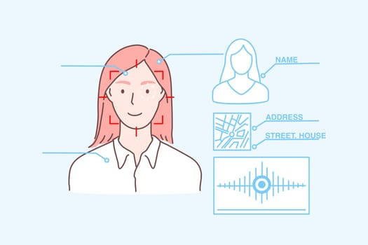 Data protection, face id, biometric scan, security concept. Young woman businesswoman has installed modern digital recognition app on gadget. Girl student uses faceid to unlock, privacy. Flat vector
