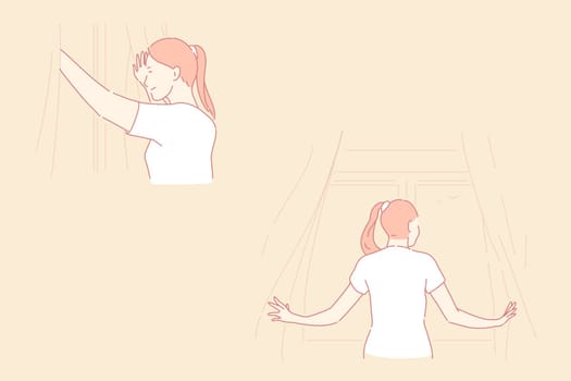 Opening curtains, view from window, morning, daylight, day beginning concept. Young woman looking from window side and back view, smiling girl, watching weather, good mood sign. Simple flat vector