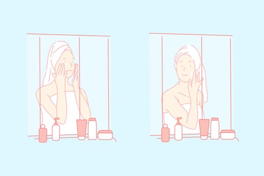 Skin care, eco cosmetics, beauty habit concept. Young woman in bathroom, girl applying moisturizer, natural cosmetic product use, skin cleaning procedure, face care. Simple flat vector