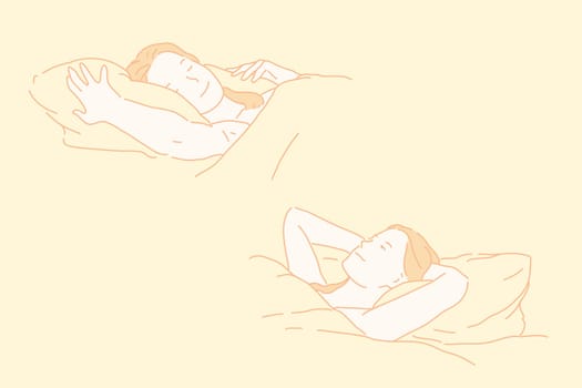Sleeping and awaking, night and morning, day beginning, healthy sleep concept. Young woman sleeping, dreaming girl lying in bed, smiling female, health and good mood. Simple flat vector