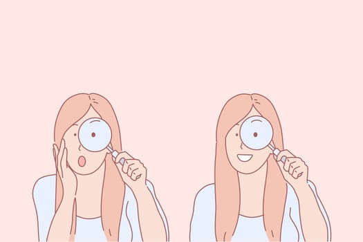 Magnifying glass features learning, exploration and discovery concept. Young woman with magnifier, girl looking through loupe, lens using, amazement and joy, interest. Simple flat vector