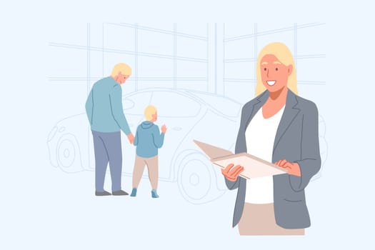 Business, car purchase, dealership, Leasing, rental concept. Happy people father, son family, came to buy new car. Young woman businesswoman advises buyer. Competent manager offers leasing Flat vector