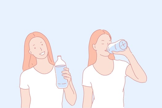 Regular water drinking, healthy habit concept. Young woman with liquid bottle, girl drinking beverage, sport nutrition, maintaining body water balance, dehydration sign. Simple flat vector