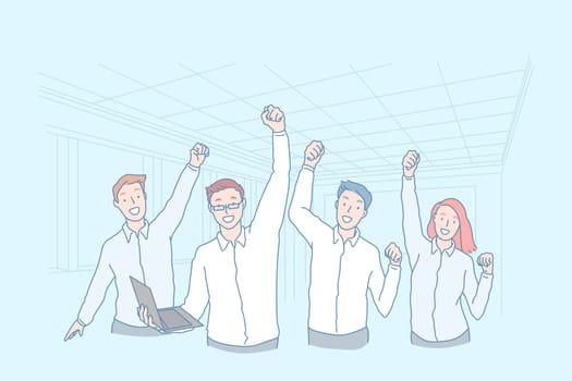 Business, teamwork, win, achievement, excellence concept. Young successful businessman, businesswoman team celebrate victory in office. Happy man, woman workers are ready new project. Flat vector.