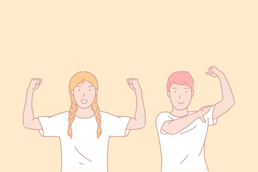 Sportive life, perfect athletic shape, active lifestyle concept. Male and female teenagers demonstrating hard muscles, workout, bodybuilding, training result and health. Simple flat vector