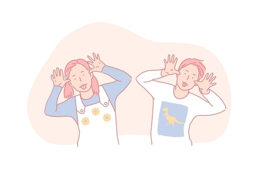 Naughty behaviour, fooling around, childhood fun concept. Little children making faces, silly girl and boy having fun, kids with goofy grimaces, friends sticking tongues out. Simple flat vector