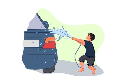 Car wash service, earning pocket money, parent helper, child labour concept. Smiling teenager with water hose, boy washing passenger vehicle, male young automobile washer. Simple flat vector