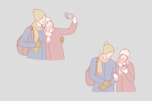 Selfie outside, young couple taking pictures concept. Photographing outdoor, profile picture for social networks, happy bloggers in love, sharing photos and video. Simple flat vector