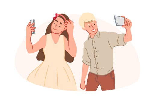 Smartphone addiction, selfie obsession, trendy lifestyle concept. Adolescent girl and boy with smartphones taking pictures, happy teenagers with gadgets, young children problem. Simple flat vector