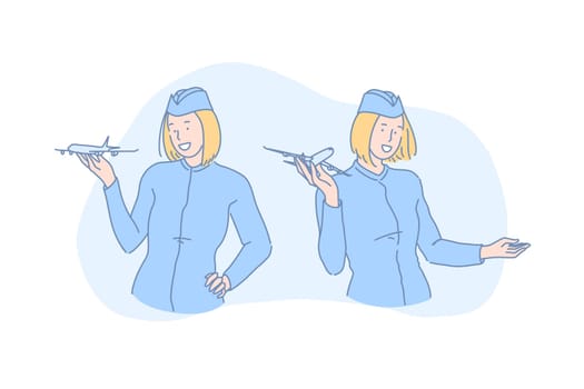 Commercial airlines, travel agency, airway transportation concept. Smiling stewardess in uniform, professional air hostess, flight attendant holding small airplane model. Simple flat vector