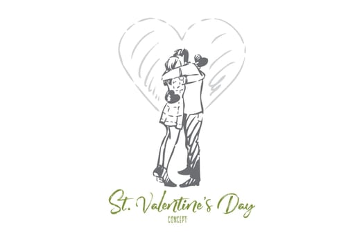 St valentine day concept sketch. Young couple in love, girlfriend and boyfriend hug and kiss, romantic holiday celebration, amorous relationship, feelings expression. Isolated vector illustration