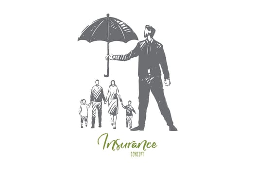 Health insurance concept sketch. Businessman holding umbrella over couple with children, accidents protection service, professional help, life safety assurance banner. Isolated vector illustration