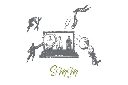 Online promotion concept sketch. Flying businessmen teamwork, marketers studying audience, customers attraction campaign, smm metaphor, advertising business banner. Isolated vector illustration