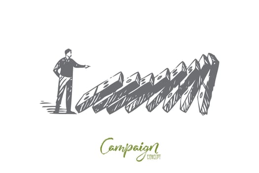 Campaign concept sketch. Businessman pushing domino, chain reaction, connection metaphor, advertising business, modern promotion strategy, viral marketing banner. Isolated vector illustration