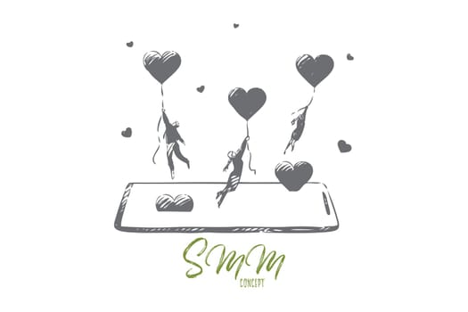 Internet marketing concept sketch. Social media network users flying on air balloons, digital promotion, customer feedback metaphor, online advertising business banner. Isolated vector illustration