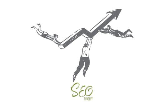 SEO concept sketch. Flying businessman and businesswoman teamwork, colleagues holding arrow, business partnership, internet technology, search engine optimization banner. Isolated vector illustration