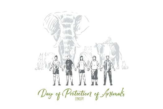 Animals protection day concept sketch. International holiday celebration, global wildlife preservation, worldwide fauna defence, young men and women, activists. Isolated vector illustration