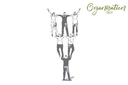 Organization concept sketch. Business partnership, businesswomen and businessmen cooperation, colleagues perform acrobatic stunt, togetherness metaphor, teamwork banner. Isolated vector illustration