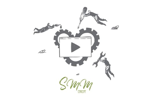 Social media marketing concept sketch. Flying businessmen with tools calibrating internet browser mechanism, targeted advertisement metaphor, smm business banner. Isolated vector illustration