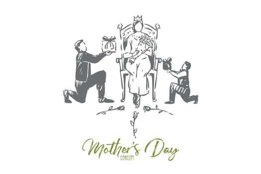 Mother day concept sketch. Feminine holiday celebration, young woman with crown holding roses bouquet, queen sits on throne, husband and little son present gifts. Isolated vector illustration