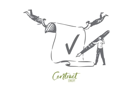 Contract concept sketch. Flying businesswoman and businessman holding document, official paper, document signing, agreement conclusion, business partnership banner. Isolated vector illustration