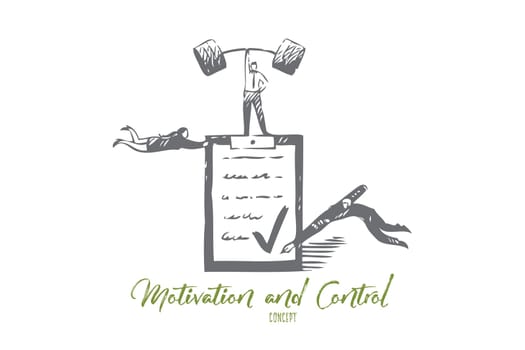 Motivation and control concept sketch. Business partnership, flying businesswoman and businessman teamwork, employment contract signing, human resources management banner. Isolated vector illustration