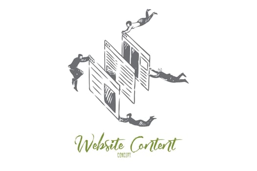 Website content concept sketch. Flying businessmen and businesswomen teamwork, internet blogging business, online technology, blog creation, web development banner. Isolated vector illustration