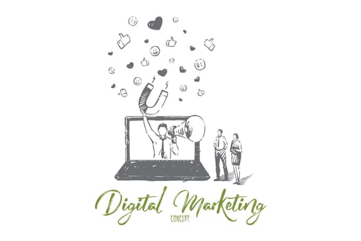 Digital marketing concept sketch. Businessman and businesswoman partnership, influencer with megaphone and magnet, social media feedback, online promo campaign banner. Isolated vector illustration