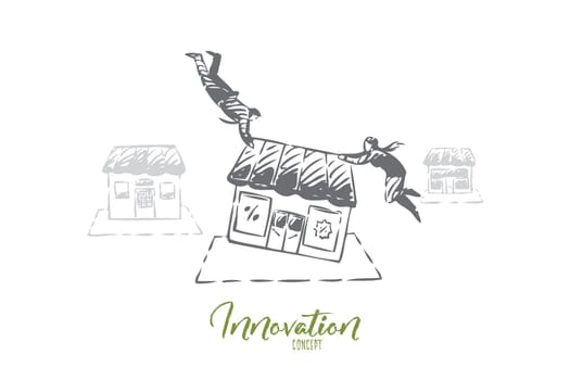 Innovation concept sketch. Business development, flying businessman and businesswoman teamwork, enterprise expansion metaphor, commercial partnership, franchising banner. Isolated vector illustration